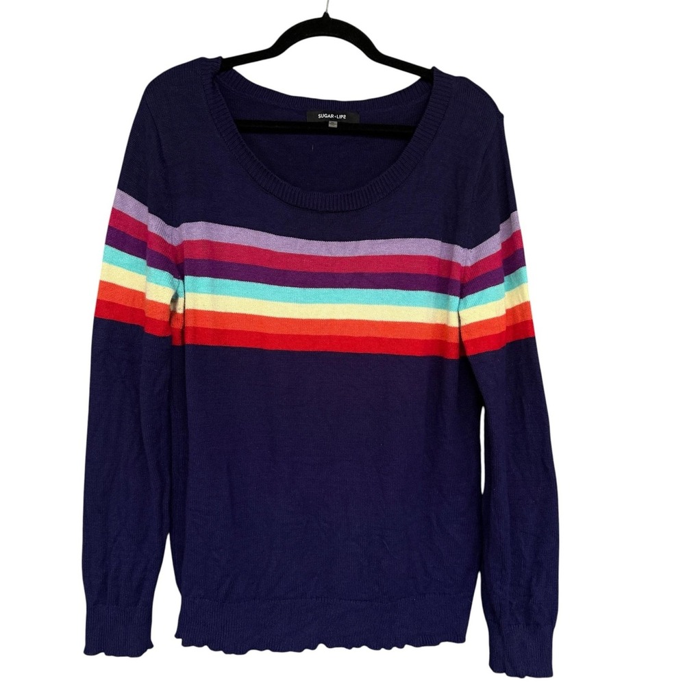 Sugar+Lips Sweater Womens XL Navy Rainbow Stripe Scoop Neck Pullover Knit